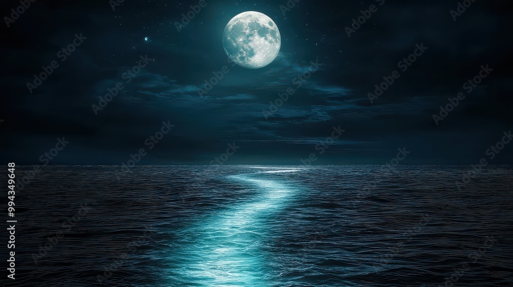 Poster a large moon is reflected in the water of the ocean. the scene is dark and serene, with the moon cas