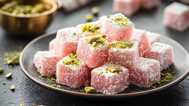 A plate of Turkish rosewater delight, topped with pistachio dust, placed on a dark slate table with a luxurious Turkish textile in the background