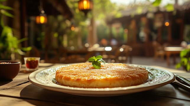 A plate of warm kunefe with a drizzle of sugar syrup, set against a rustic outdoor caf&eacute; background with soft lighting from hanging lanterns