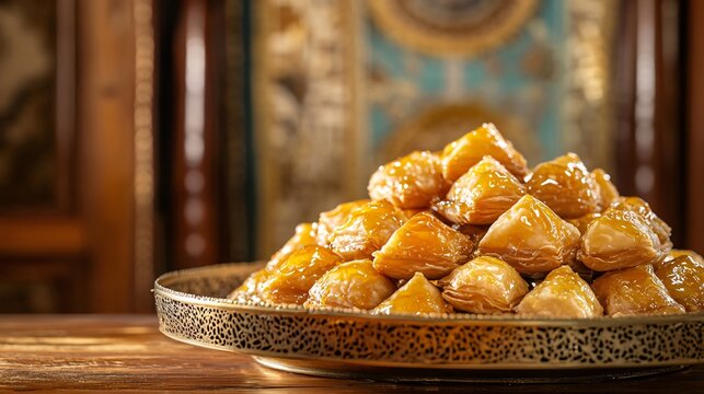 A platter of golden honey-drenched Turkish sweets, placed against a rich wooden background with traditional Ottoman-era art hanging on the wall