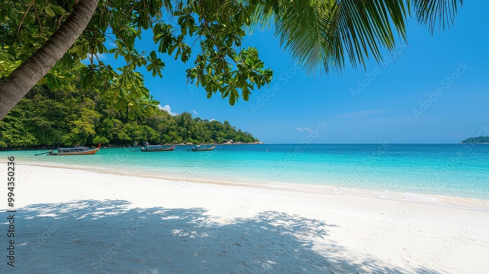 Aufkleber A beautiful beach with palm trees and a clear blue ocean. The beach is empty and the water is calm