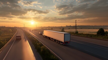 A white truck and two other trucks on the highway, driving towards the sunset in summer, with fields of wheat under the golden sunlight