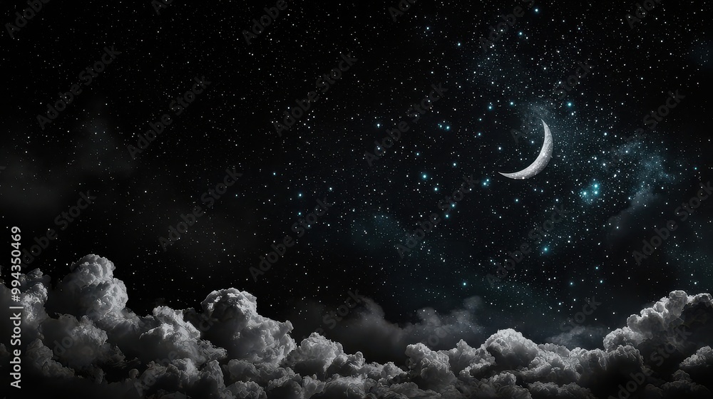 Poster a dark sky with a crescent moon and many stars. the sky is filled with clouds and the moon is shinin