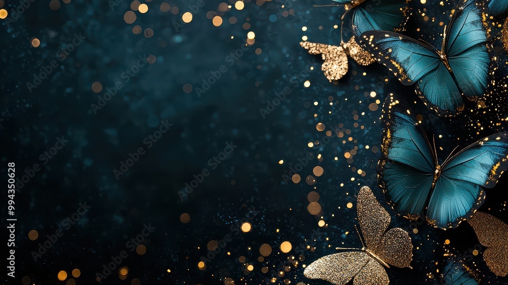 Poster A blue background with gold butterflies on it. The butterflies are in different sizes and are scattered around the background. The image has a dreamy and whimsical feel to it