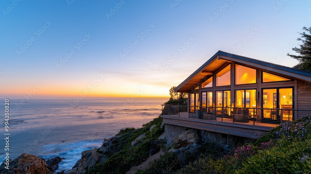 Fototapete a large house with a beautiful view of the ocean. the house is surrounded by a lush green hillside a