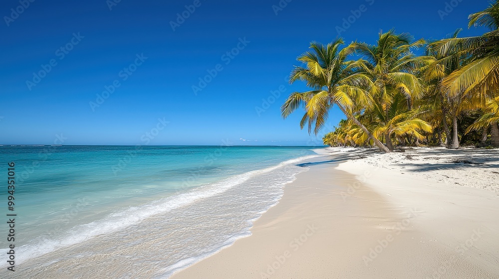 Leinwandbilder A beautiful beach with palm trees and a blue sky. The beach is empty and the palm trees are swaying in the breeze. The scene is peaceful and relaxing, perfect for a day of sunbathing and swimming