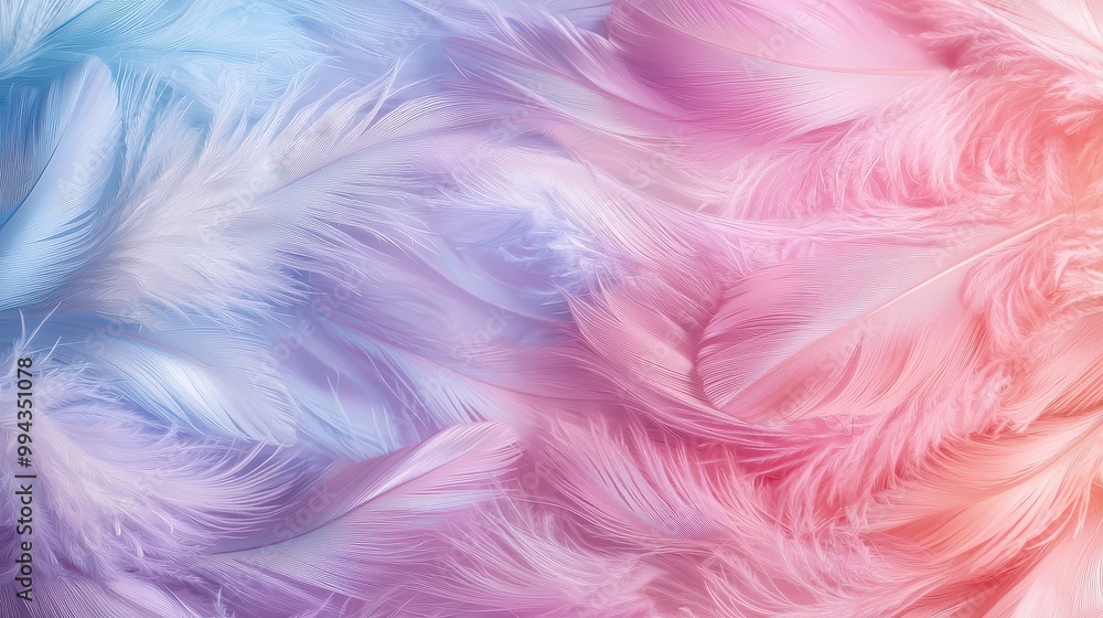 Poster a colorful feather pattern with pink, blue, and purple feathers. the feathers are arranged in a way 