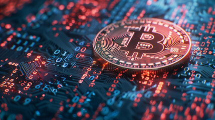 A close-up of a Bitcoin coin on a circuit board, symbolizing the relationship between cryptocurrency and digital technology. Perfect for fintech and digital asset visuals.