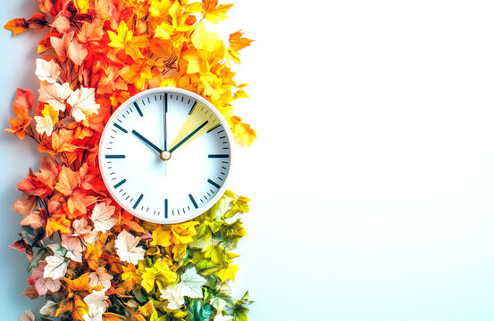 Modern clock, theme of moving hands back an hour, autumn background with leaves, free space for text. Daylight Saving Time Ends, fall back.