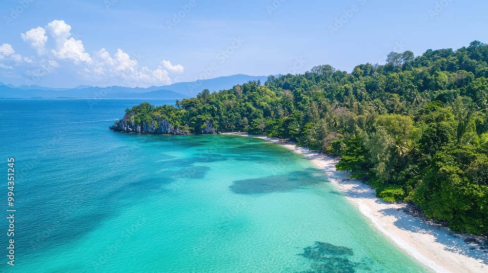 Poster a beautiful beach with a clear blue ocean and a lush green forest in the background. the scene is se