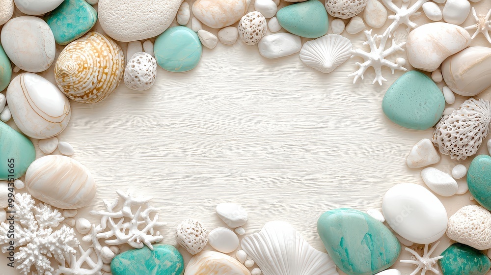 Fototapete a collection of white and blue rocks and shells arranged in a circle. the blue and white colors crea