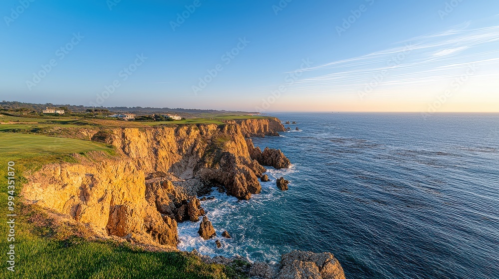 Aufkleber a beautiful ocean view with a rocky shoreline and a golf course in the background. the sky is clear 