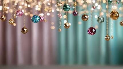 Obraz premium A bunch of colorful Christmas ornaments hanging from a curtain. The colors are bright and cheerful, creating a festive mood