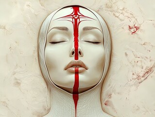 Captivating Ethereal Being: A Striking Poster Featuring a Reflective White Face with Bold Red Design, Perfect for Enhancing Sports Room Interiors with Calm and Composed Energy