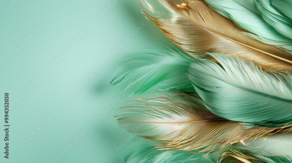 Poster a green and gold feather arrangement on a green background. the feathers are arranged in a way that 