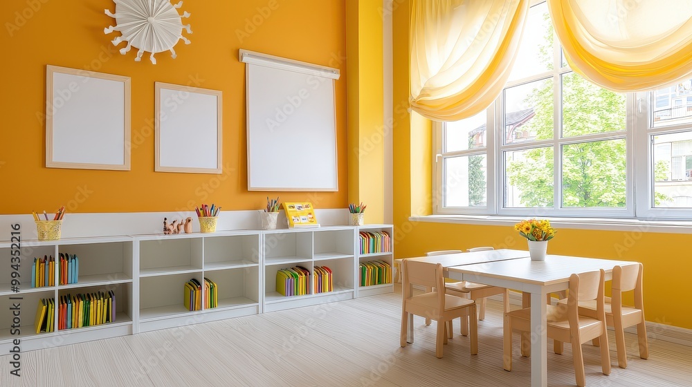 Poster a bright yellow room with a clock on the wall and a white board. there are several bookshelves with 