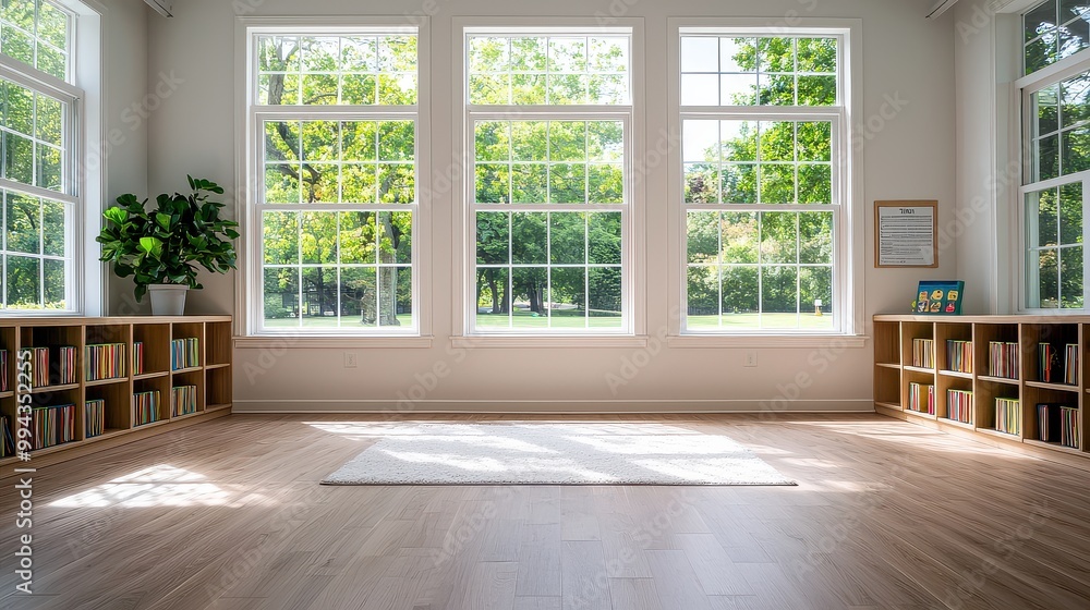 Poster a large room with three windows and a white rug. the room is empty and has a lot of bookshelves