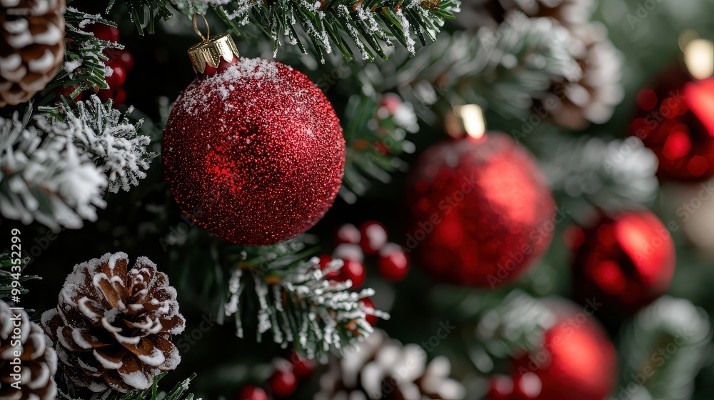 Poster A Christmas tree with red and white ornaments and a red ball. The tree is covered in snow and the red ball is hanging from the tree