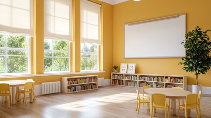 Fototapeta premium A bright yellow room with a white board and a lot of books. The room is filled with yellow chairs and a potted plant