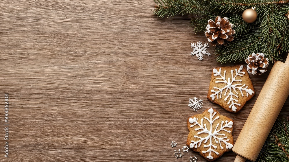 Poster a wooden table with a tray of cookies and pine cones on it. the cookies are decorated with white ici
