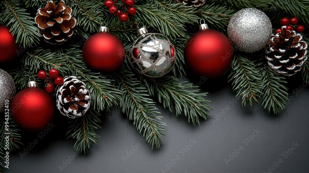 Poster a christmas tree with red and silver ornaments. the tree is surrounded by a black background