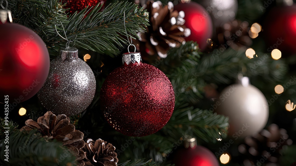 Poster a tree with many red and silver ornaments hanging from it. the red ornaments are the most prominent 