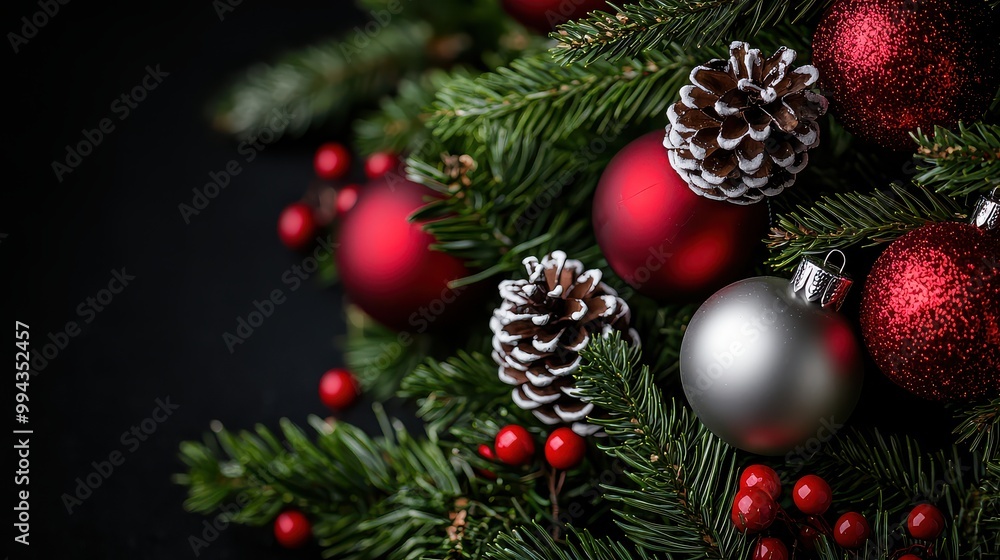 Poster a christmas tree with red and silver ornaments. the tree is decorated with red berries and pine cone