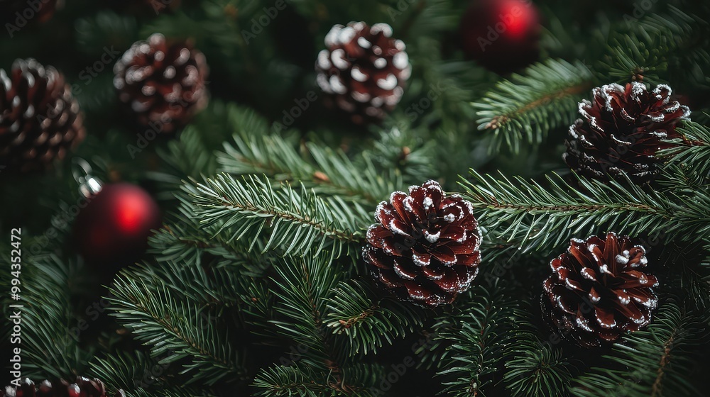 Poster A Christmas tree with many pine cones and red ornaments. The pine cones are in various sizes and are scattered throughout the tree. The tree is full of life and color