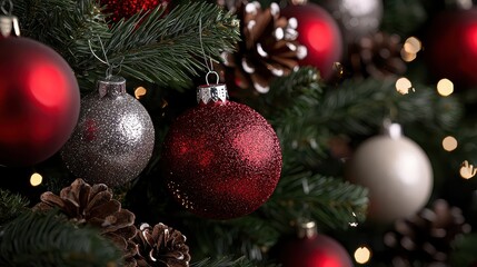 Obraz premium A tree with many red and silver ornaments hanging from it. The red ornaments are the most prominent and stand out against the green leaves