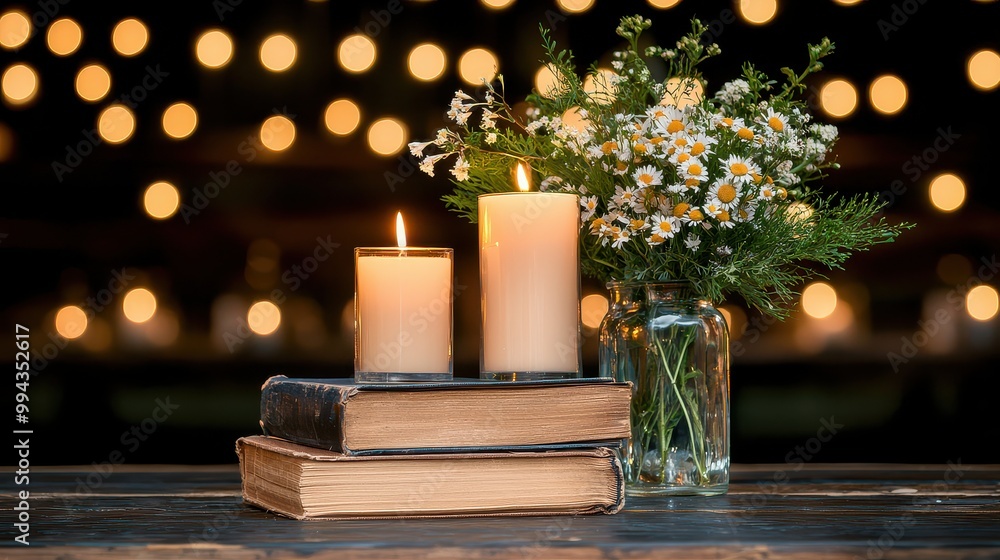 Poster a table with a vase of flowers and two candles on top of two books. the candles are lit and the flow