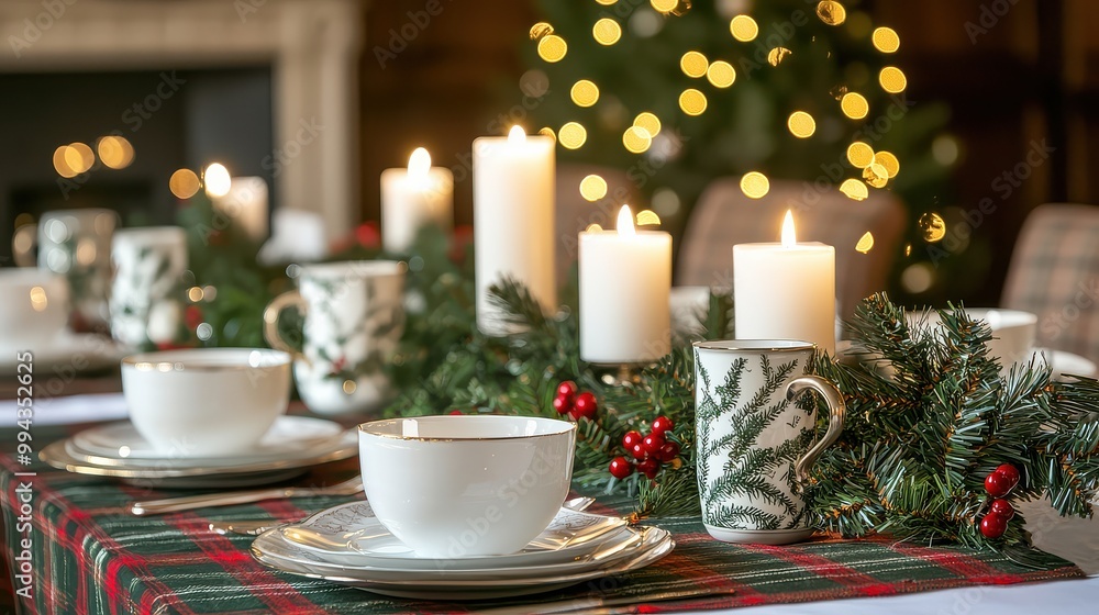 Poster A table with a Christmas tree in the background and candles on it. The table is set with plates, cups, and utensils