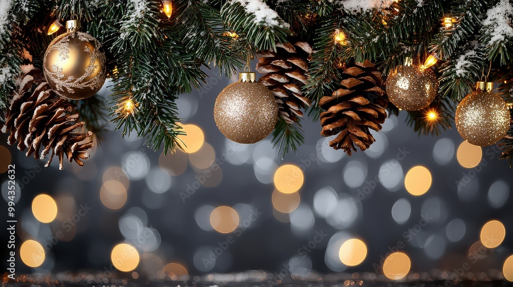 Poster a christmas tree with a variety of ornaments including gold and silver balls and pine cones. the tre