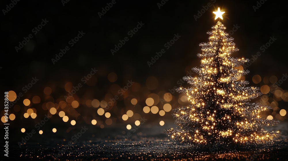 Aufkleber a christmas tree with a star on top is lit up with lights. the tree is surrounded by a blurry backgr