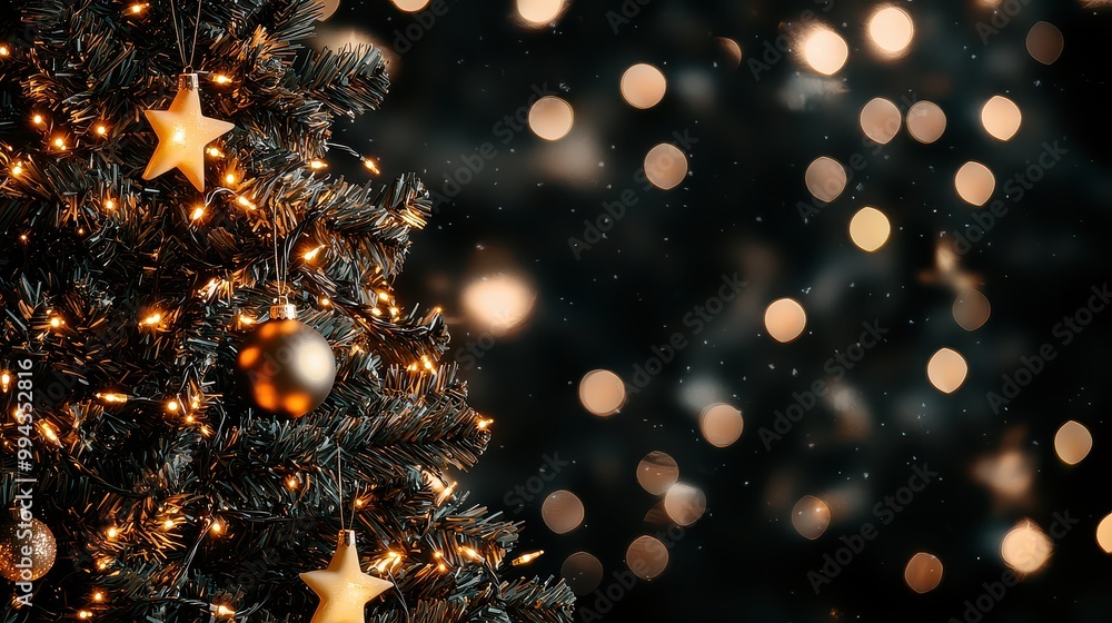 Poster a christmas tree with gold and black ornaments and a star on top. the tree is lit up with lights and