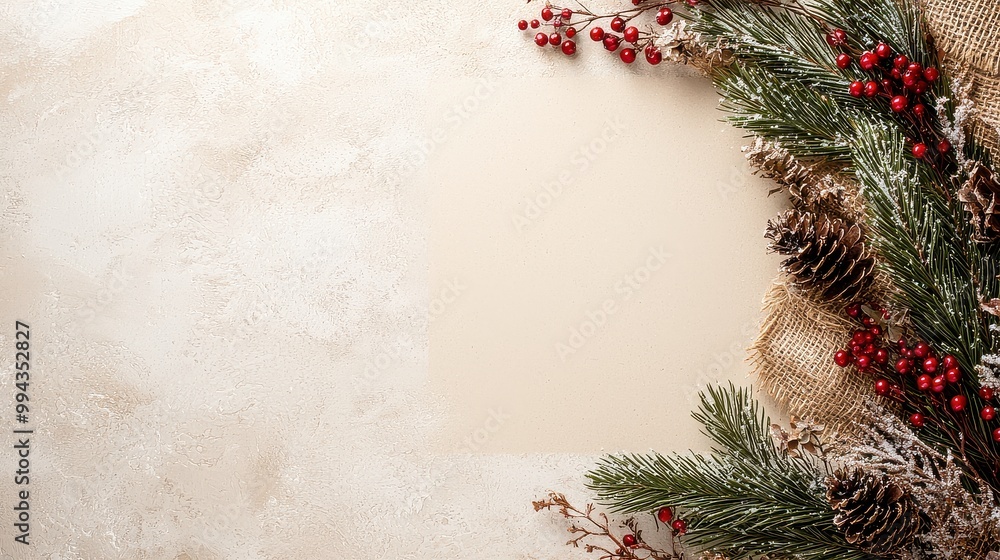 Poster a white background with a red and green christmas tree on it. the tree is surrounded by pine needles