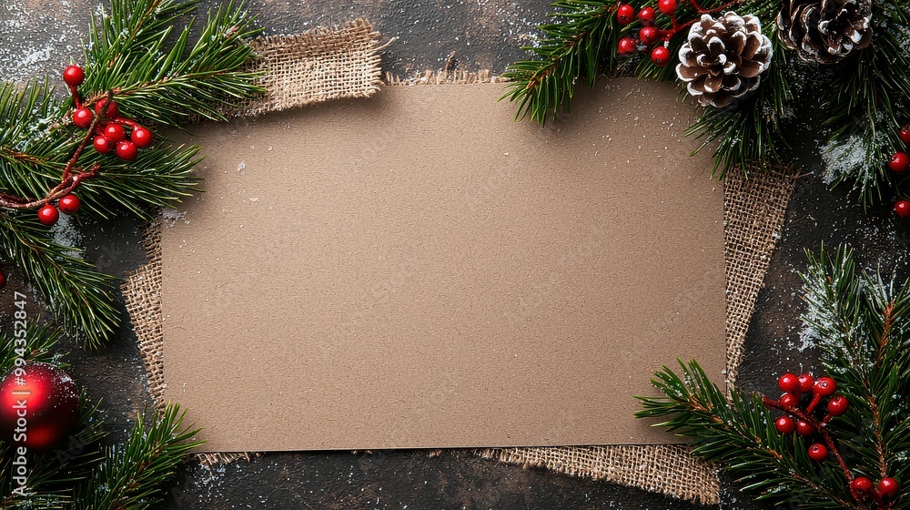 Aufkleber a brown paper with a red ribbon and pine needles on it. the pine needles are on the right side of th