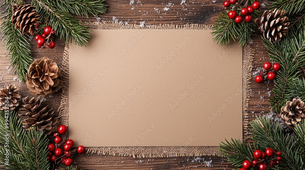 Poster a brown paper with a white border and a bunch of red berries and pine cones on it