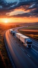 A white truck and two other trucks on the highway, driving towards the sunset in summer, with fields of wheat under the golden sunlight