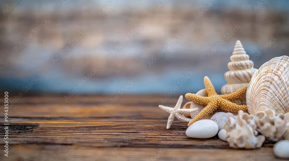 Leinwandbilder a beach scene with shells and starfish on a wooden table. the shells and starfish are arranged in a 