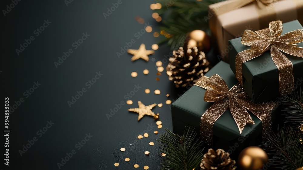 Poster a christmas tree with gold and green decorations and a black background. the tree is topped with two
