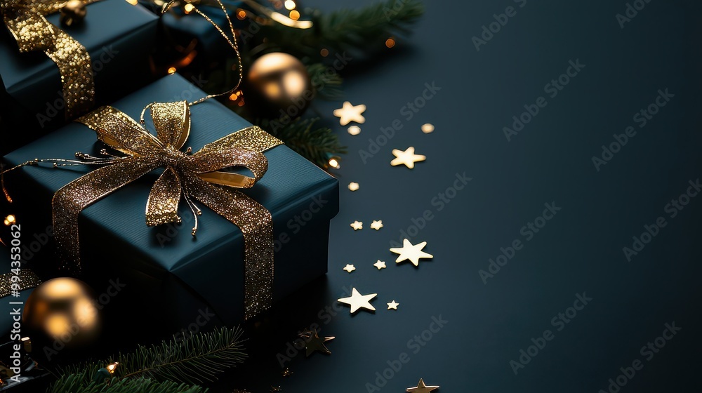 Poster a blue box with a gold bow on top of it is surrounded by christmas decorations. the box is the main 
