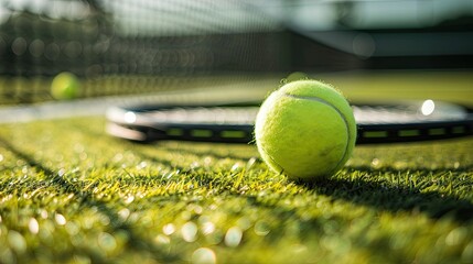 Close up of a tennis ball and racket on a grass tennis court