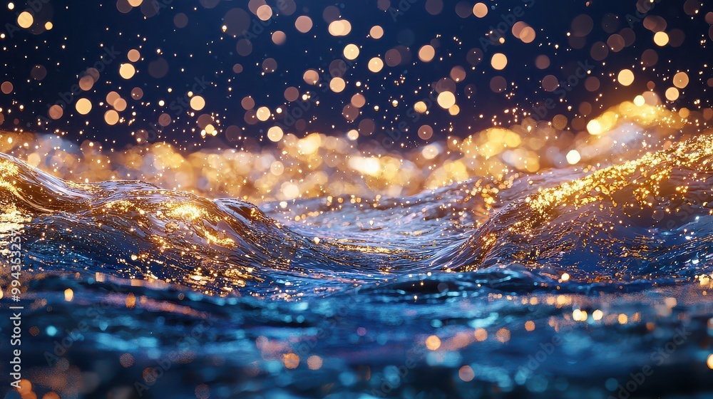 Poster a body of water with a lot of glitter in it. the glitter is scattered throughout the water, creating