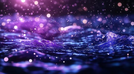 The image is a computer generated image of a body of water with purple and blue colors. The water is filled with glitter, giving it a dreamy and ethereal appearance. Concept of calm and tranquility