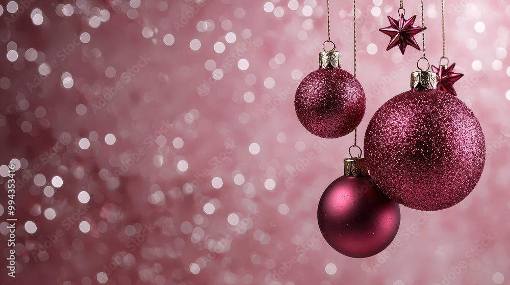 Poster A pink background with a bunch of red Christmas ornaments hanging from the ceiling. The ornaments are all different sizes and shapes, but they all have a similar color scheme