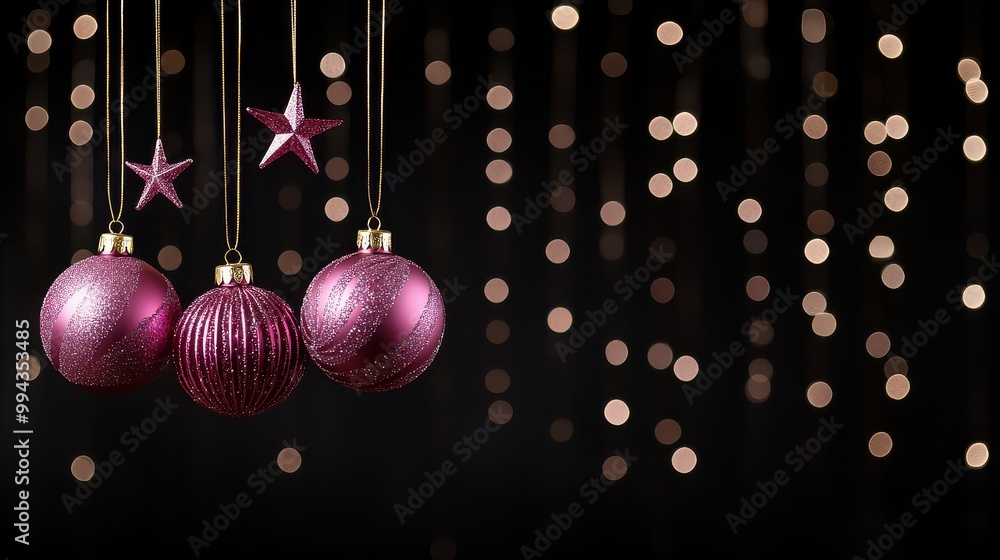 Poster a black background with a bunch of pink christmas ornaments hanging from the ceiling. the ornaments 
