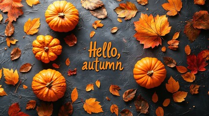 Hello Autumn white chalk lettering on blackboard. Autumn seasonal flat lay photo on wooden background. Hello Autumn inscription with orange leaf frame. Fall season banner template. Yellow leaf texture
