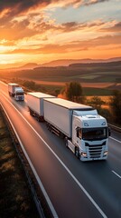 A white truck and two other trucks on the highway, driving towards the sunset in summer, with fields of wheat under the golden sunlight