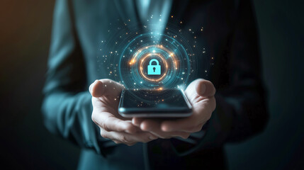 Smartphone and personal data protection. Lock icon over the smartphone