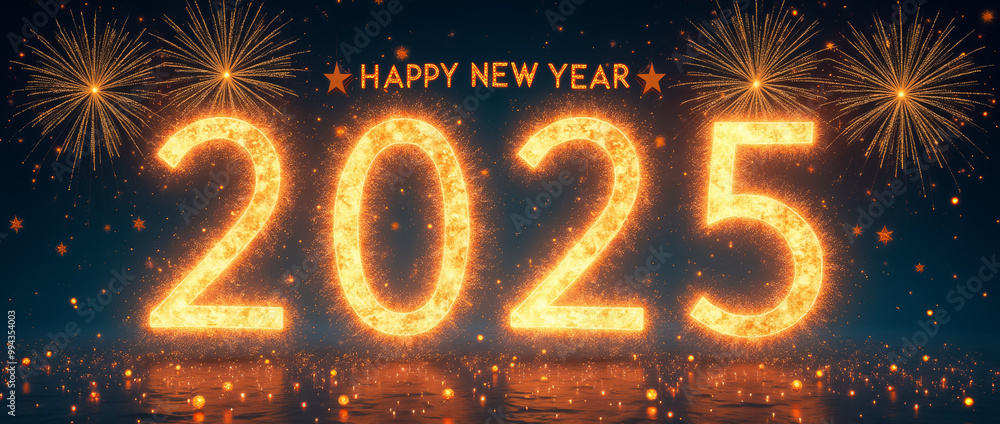 Poster a vibrant display marks the arrival of 2025, as colorful fireworks burst above glowing numbers and f